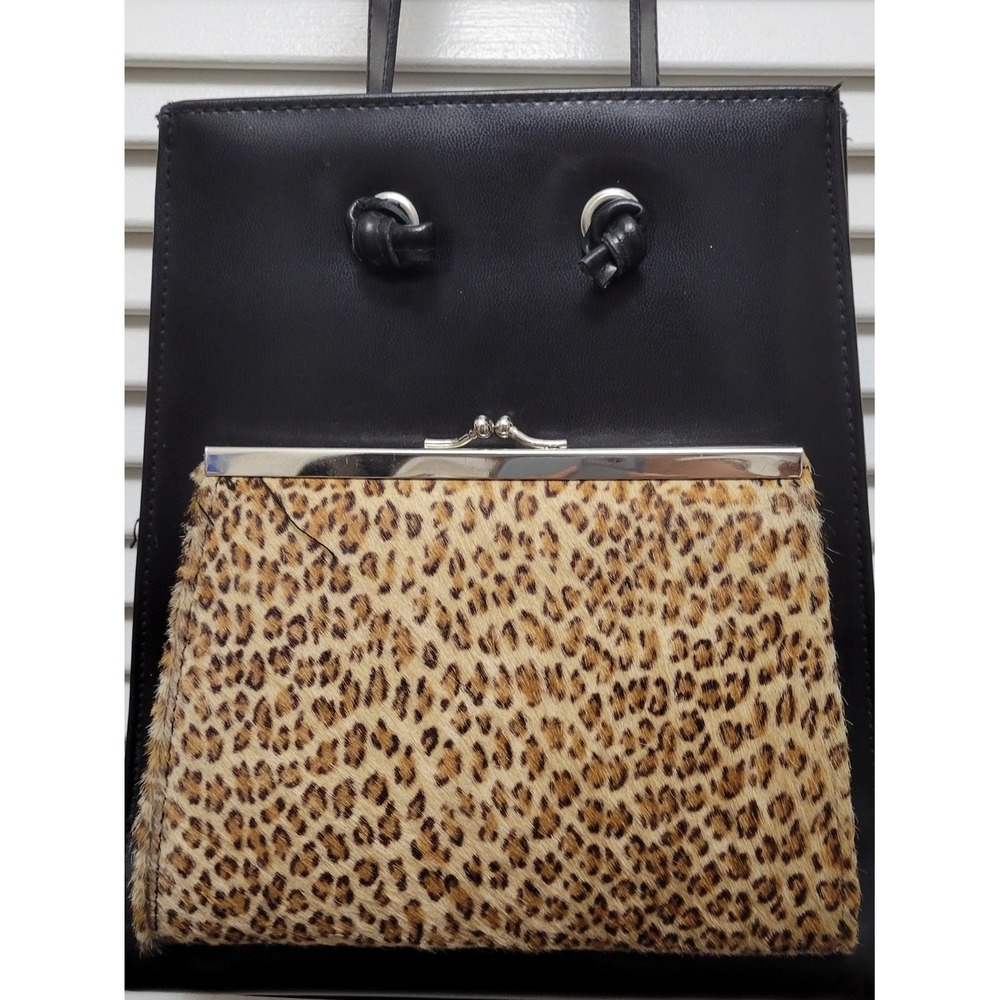 Black Leopard Print Kiss Lock Shoulder Bag Animal Print Women's Medium